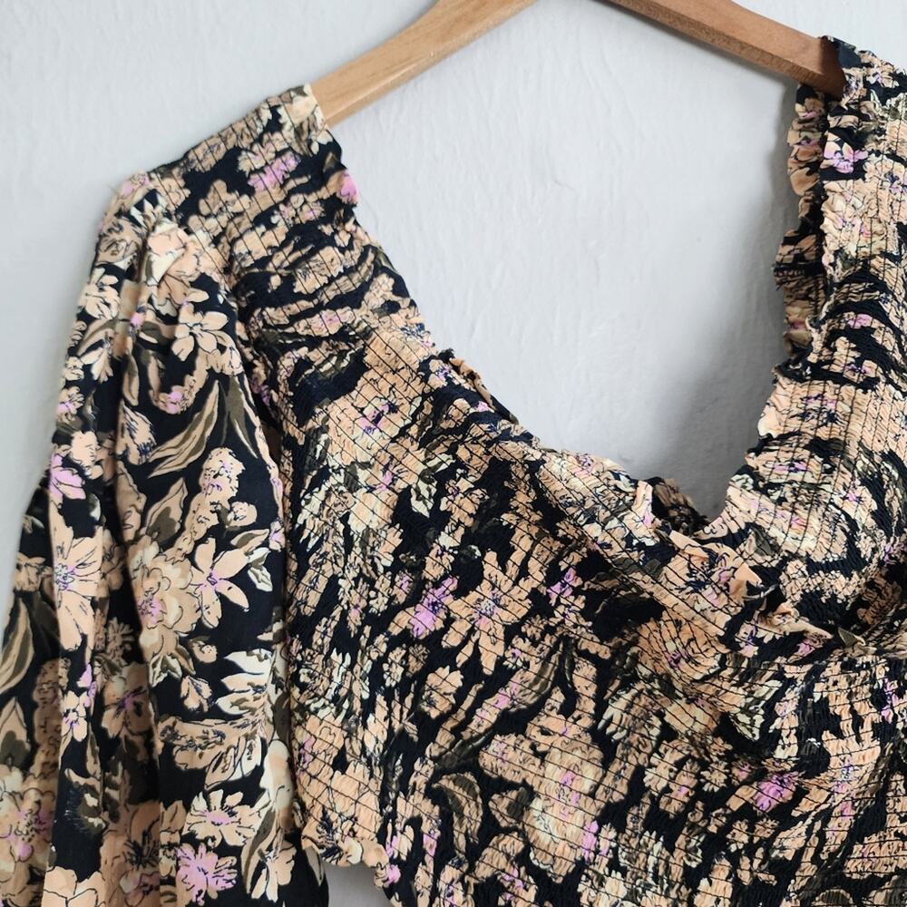 Free People East To West Smocked Off Shoulder Top Black Gold Floral Blouse M FP - Picture 13 of 14